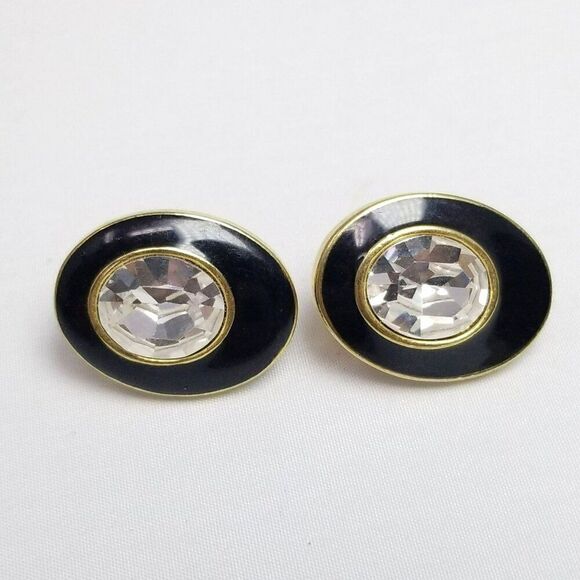 Vintage Trifari Oval Stud Earrings, Black Enamel Rhinestone Center Signed Estate - Picture 1 of 7